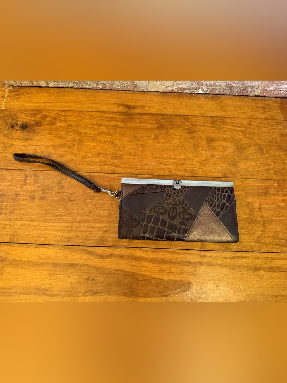 Wristlet Clutch in Brown Patchwork Leather